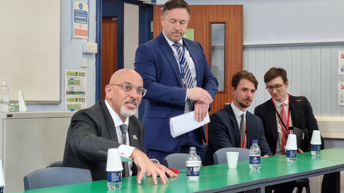 Nadhim Zahawi, Education Secretary, talks to staff at SWIS participating school